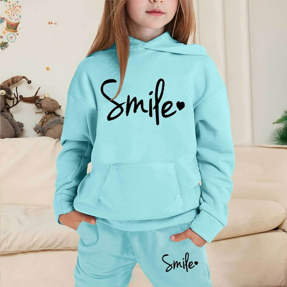 LIUYUNNN Kids Boys Girls Sweatsuit Set 2PC Long Sleeve Letter Light Blue Basic Hoodie Sweatpants Warm Fall Winter Clothes Boys Active Tracksuit Set 3-4 Years Boys Girls Fall and Winter Outfits