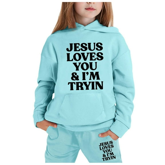 LIUYUNNN Kids Boys Girls Sweatsuit Set 2PC Long Sleeve Letter Light Blue Pullover Hoodie Sweatshirt Sweatpants Warm Fall Winter Clothes Girls Clothes Size 6-7 Years Boys Girls Fall and Winter Outfits