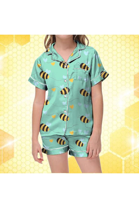 Kids Boys Satin Pajamas Set Bee Button Down Solid Tops T Shirt Set Girls' Fashion Pajamas Set Trendy Clothes for Teen Girls 10-11 Years Boys Girls Fall Outfits