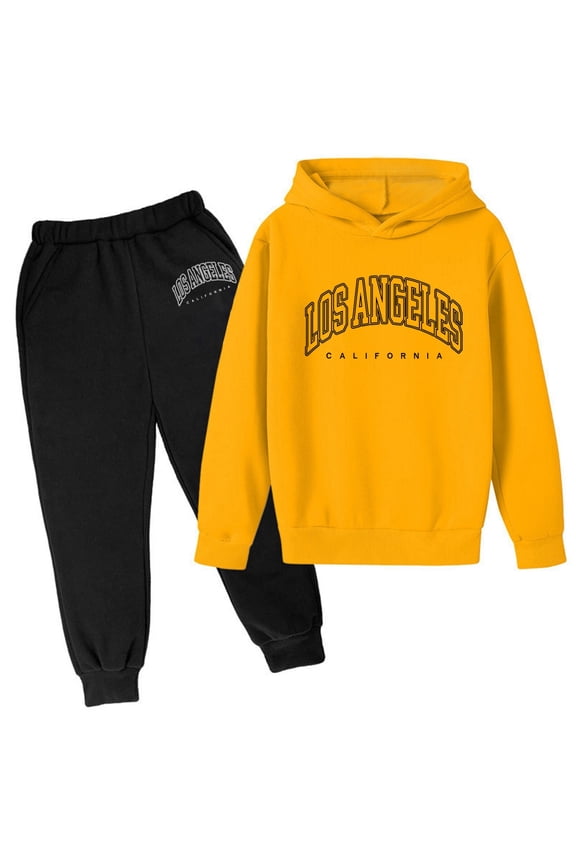 Kids Girls Boys Sweatsuit Set 2 Piece Long Sleeve Letter Yellow Hoodie Sweatpants Joggers Set Warm Fall Winter Clothes Little Girls Clothes 3-4 Years Boys Girls Fall and Winter Outfits