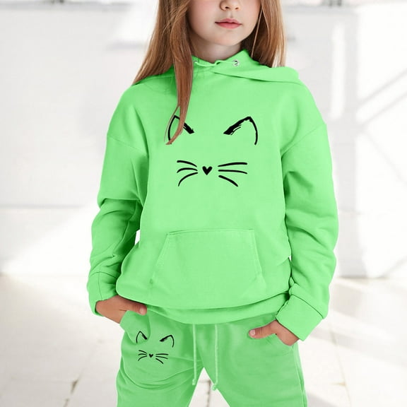 LIUYUNNN Kids Girls Boys Sweatsuit Set 2PC Long Sleeve Cat Green Hooded Sweatshirt Leggings Pants Winter Clothes Girls Set 3-4 Years Boys Girls Fall and Winter Outfits