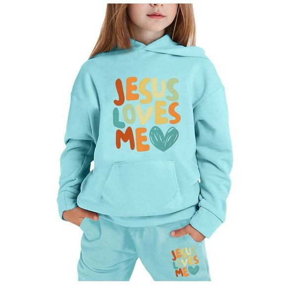 LIUYUNNN Kids Girls Boys Sweatsuit Set 2PC Long Sleeve Letter Light Blue Hooded Sweatshirt and Active Jogger Pants Winter Clothes 6-7 Years Girls Outfits Boys Girls Fall and Winter Outfits