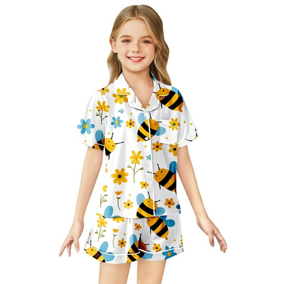 LIUYUNNN Kids Girl Satin Pajamas Set Bee Button Down Solid Tops T Shirt Set Classic Pajamas Set Girls Pjs Size 8-9 Years Boys Girls Fall Outfits