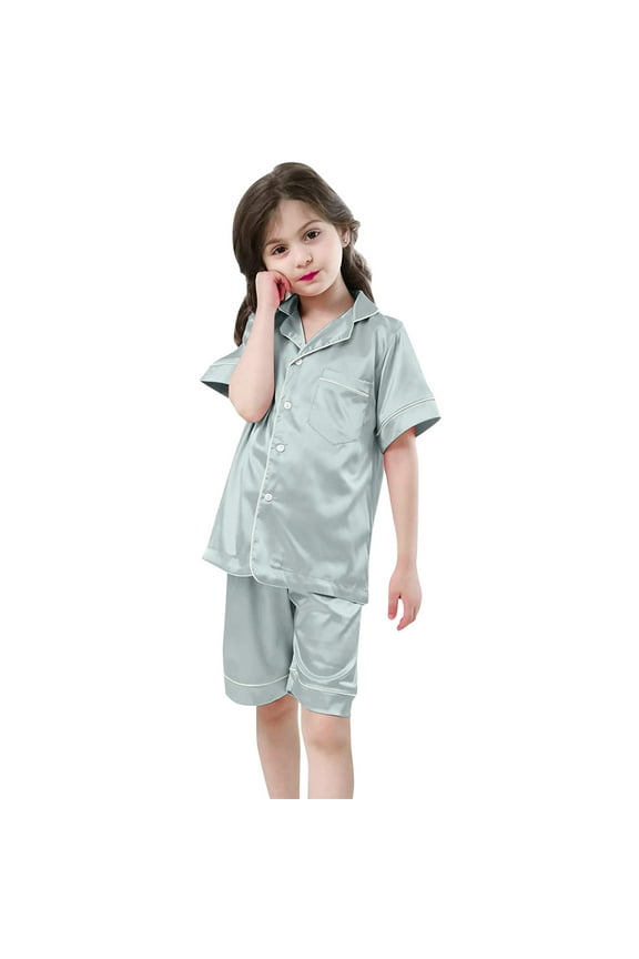 Kids Girls Satin Pajamas Set Grey Solid Color Button Down Solid Tops T Shirt Set Toddler Nightgown Girls Silk Pajamas Size 12-13 Years Boys Girls Four Seasons Outfits