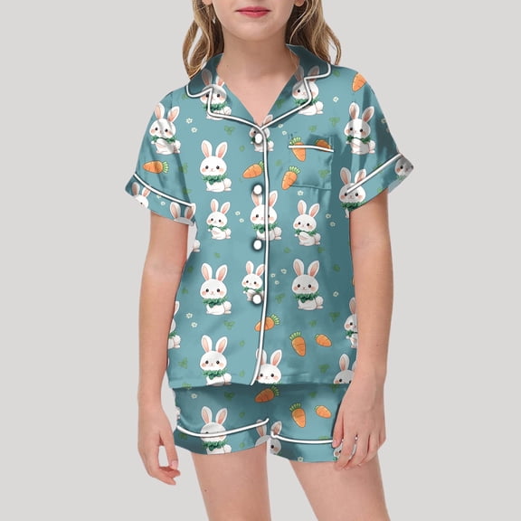 LIUYUNNN Kids Girls Satin Pajamas Set Rabbit Button Down Solid Tops T Shirt Set Toddler Girl Sleepwear Cute Pjs for Girls 6-7 Years Boys Girls Fall Outfits