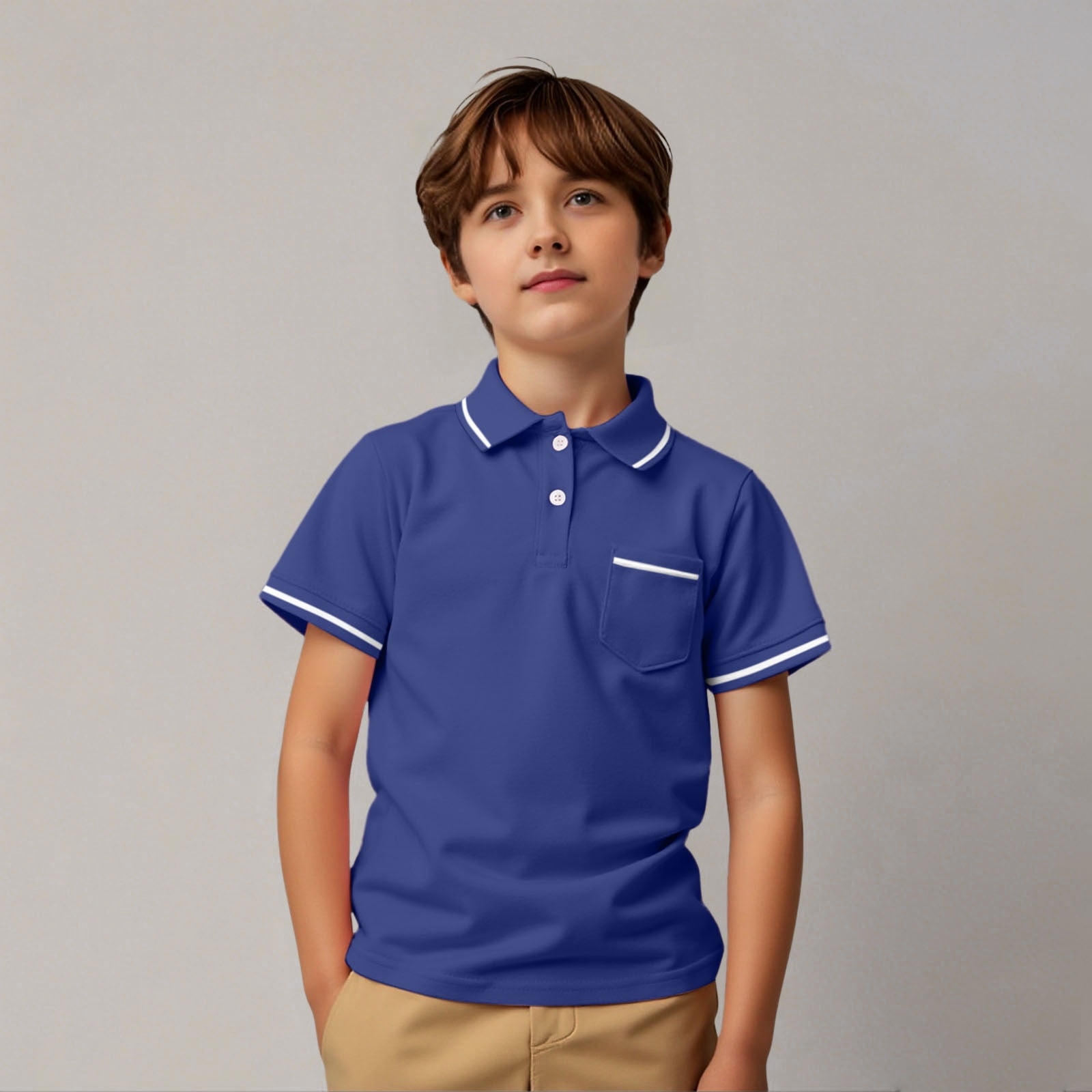 Summer Kids Boys Casual and Versatile Short Sleeves Turn-down Collar Cartoon Pocket Polo Shirt