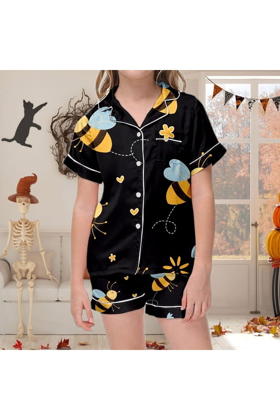 Kids Satin Pajamas Bee Button Down Solid Tops T Shirt Set Toddler Girl Sleepwear Girls Clothes 10-11 Years Boys Girls Fall Outfits