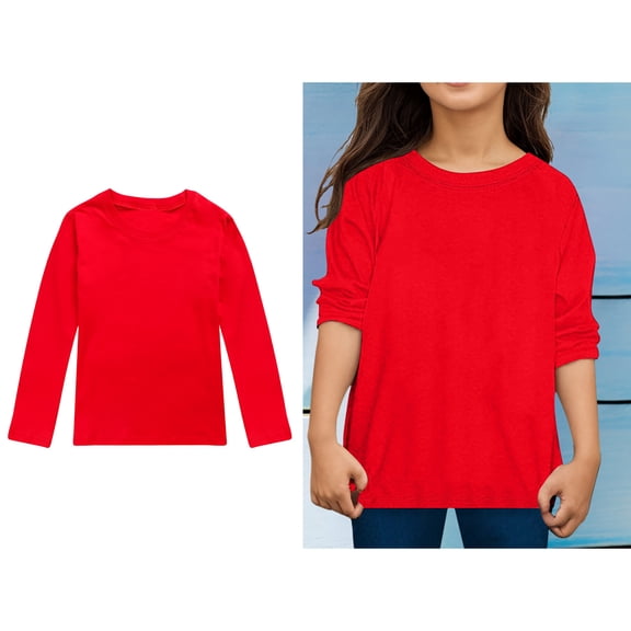 LIUYUNNN Kids Shirts for Girls Solid ColorRed Long Sleeve Shirt Crewneck Tee Cotton T Shirt Girls Uniform Shirts 11-12 Years Boys Girls Four Seasons Outfits