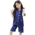 thumbnail image 1 of LIUYUNNN Kids Silk Pajama Set for Girls Boys Blue Solid Color Button Down Homewear Set Pjs Sleepwear Outfits Pajamas for Boys Size 3-4 Years Boys Girls Four Seasons Outfits, 1 of 8
