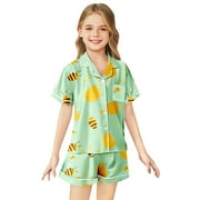LIUYUNNN Kids Silk Pajamas Girls Bee Button Down Homewear Set Silk Pajamas Outfits Cute Pjs for Girls 6-7 Years Boys Girls Fall Outfits