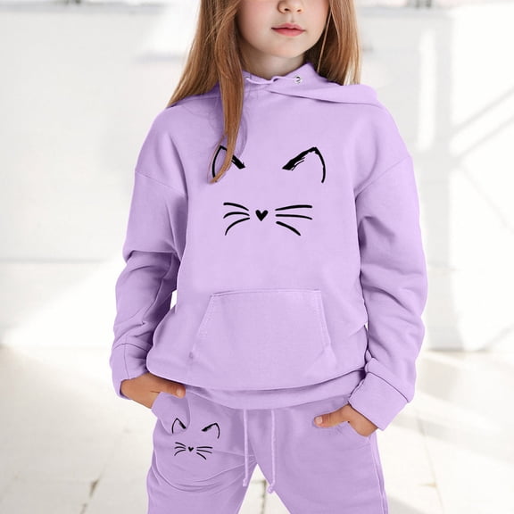 LIUYUNNN Kids Girls Boys Sweatsuit Set 2 Piece Long Sleeve Cat Purple Hoodie and Jogger Pants Fall Winter Clothes 8-9 Years Girls Clothes Boys Girls Fall and Winter Outfits
