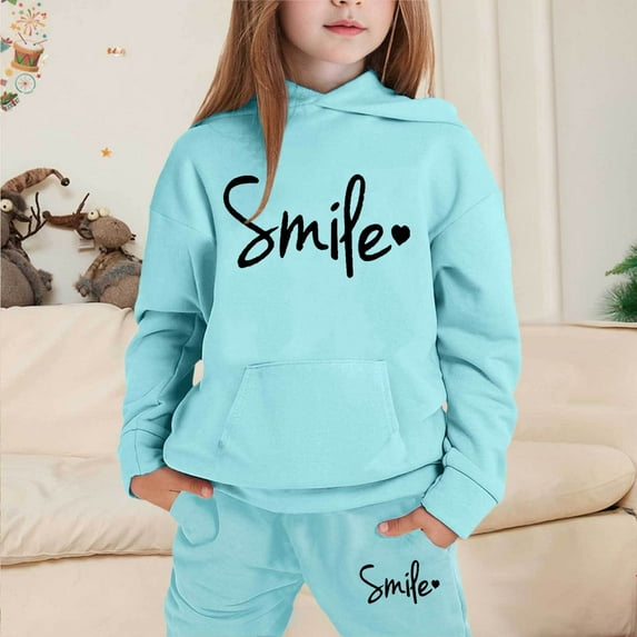 LIUYUNNN Kids Sweatsuit Set for Girls 2 Piece Long Sleeve Letter Light Blue Pullover Hoodie Leggings Pants Winter Clothes Tracksuit Jogging Outfits Set 12-13 Years Boys Girls Fall and Winter Outfits