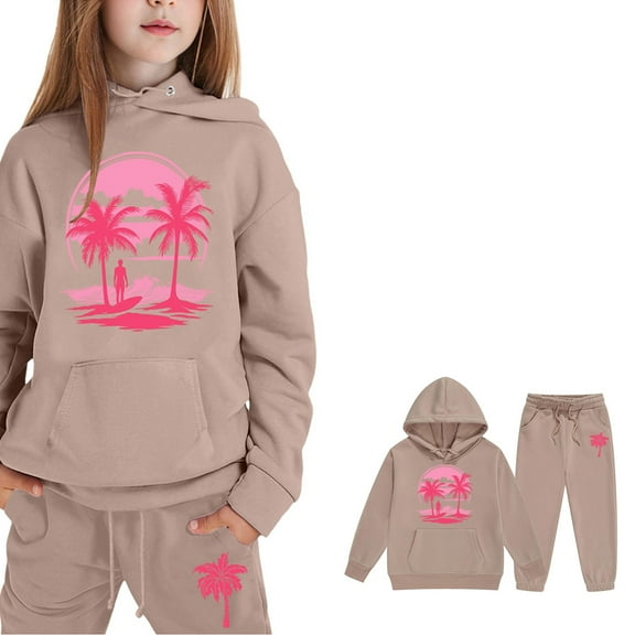 LIUYUNNN Kids Sweatsuit Set for Girls 2 Piece Long Sleeve Pullover Khaki Heart Hooded Sweatshirt Sweatpants Winter Clothes Teen Girls Clothes 7-8 Yeats Boys Girls Autumn and Winter Outfits