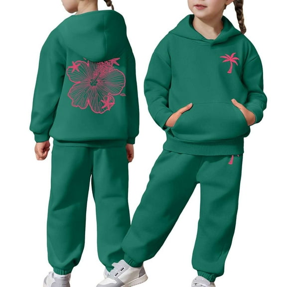LIUYUNNN Kids Sweatsuit Set for Girls 2PC Long Sleeve Letter Dark Green Soft Hoodie Sweatpants Fall Clothes 7-8 Years Girls Outfits Boys Girls Fall and Winter Outfits