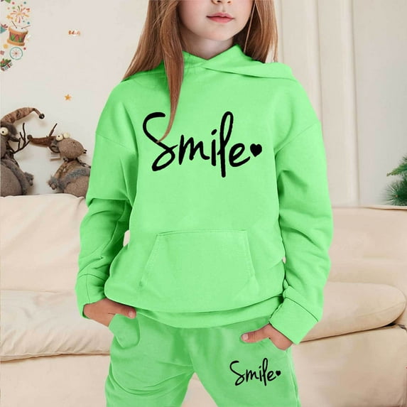LIUYUNNN Kids Sweatsuit Set for Girls 2PC Long Sleeve Letter Light Green Tracksuit Pullover Hoodie and Jogger Warm Fall Winter Clothes Girls Jogger Set 12-13 Years Boys Girls Fall and Winter Outfits