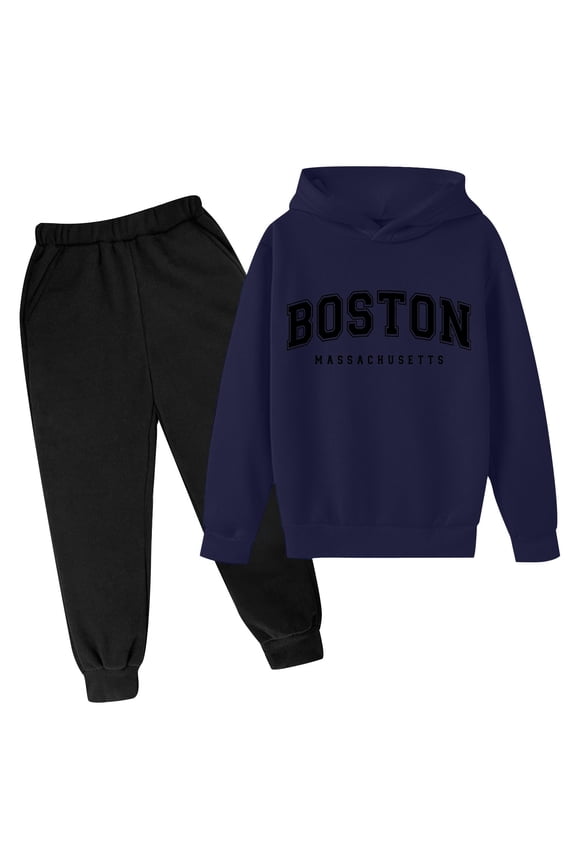 Kids Sweatsuit Set for Girls 2PC Long Sleeve Letter Navy Hoodie Sweatshirt Jogger Set Warm Fall Winter Clothes Boys Girls Athletic Clothes Sets 9-10 Years Boys Girls Fall and Winter Outfits