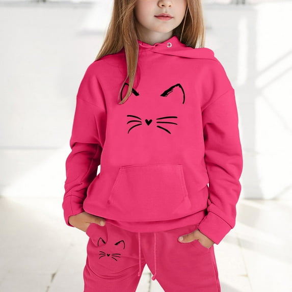LIUYUNNN Kids Toddler Sweatsuit 2 Piece Long Sleeve Cat Hot Pink Basic Hoodie and Sweatpants Fall Winter Clothes Little Girls Clothes 8-9 Years Boys Girls Fall and Winter Outfits