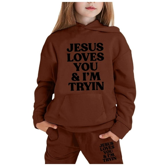 LIUYUNNN Kids Toddler Sweatsuit 2 Piece Long Sleeve Letter Coffee Hooded Sweatshirt Jogger Set Winter Clothes Girl Clothes 4-5 Years Boys Girls Fall and Winter Outfits