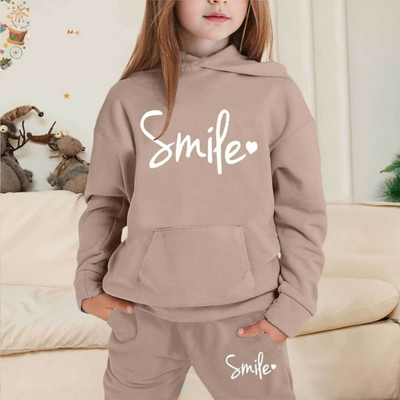 LIUYUNNN Kids Toddler Sweatsuit 2 Piece Long Sleeve Letter Khaki Pullover Hoodie Sweatshirt Jogger Set Winter Clothes Girls Size 3-4 Years Clothes Boys Girls Fall and Winter Outfits