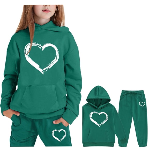 LIUYUNNN Kids Toddler Sweatsuit 2PC Long Sleeve Pullover Dark Green Heart Hoodie and Active Jogger Pants Warm Fall Winter Clothes Clothes for Girls 3-4 Years Boys Girls Autumn and Winter Outfits