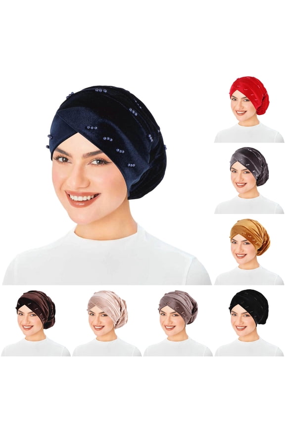 Men's Headband Metal Solid Color Forehead Velvet Beaded Hijab Cap Headband Scarf Turban Wrap, One Size