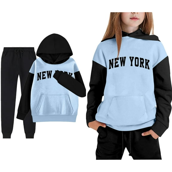 LIUYUNNN Teen Tracksuit Sets 2PC Long Sleeve Light Blue Letter New York Pullover Hoodie and Jogger Pants Winter Clothes Clothes for Teen Girls 13-14 Years Boys Girls Autumn and Winter Outfits