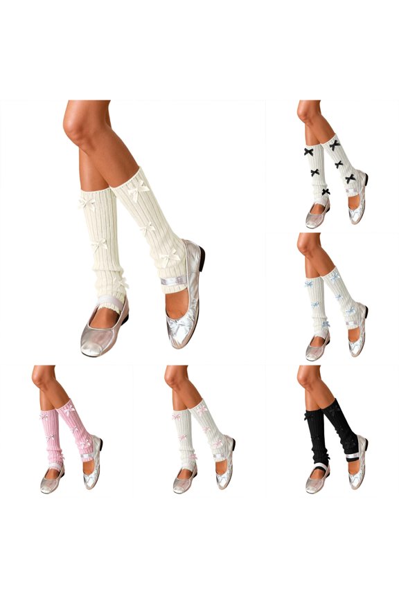 Thigh High Sock Garters Japanese Style Knitted Over The Knee Socks Ballet Bow Detail Leg Warmers For Cozy Fall Winter Stockings, One Size