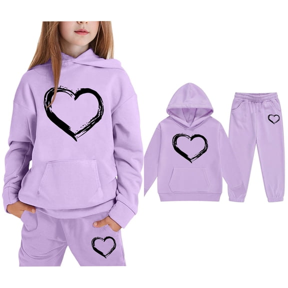 LIUYUNNN Toddler Kids Sweatsuit Set for Girls 2PC Long Sleeve Pullover Light Purple Heart Hoodie Sweatshirt Jogger Set Warm Fall Winter Clothes Girls Set 1-2 Years Boys Girl Autumn and Winter Outfits