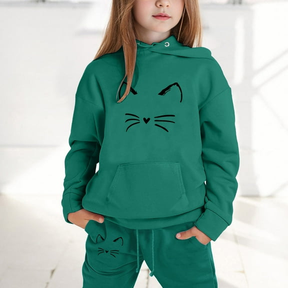 LIUYUNNN Toddler Kids Toddler Sweatsuit 2PC Long Sleeve Cat Dark Green Hooded Sweatshirt Sweatpants Joggers Set Fall Clothes 2-3 Years Boy Clothes Boys Girls Fall and Winter Outfits