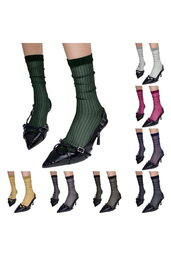 Trouser Socks Women Sparkling Glitter Socks For Mid Calf Shiny Thread Sheer Dressy Casual Stackable Socks Summer Fashion Footwear, One Size