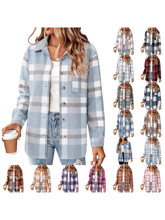 Women Flannel Jacket Plaid Button down Long Sleeve Shirt Fall Jackets for Winter Clothes Casual Shackets with Pockets Cute Trendy Fashion Clothing,S,44# Light Blue