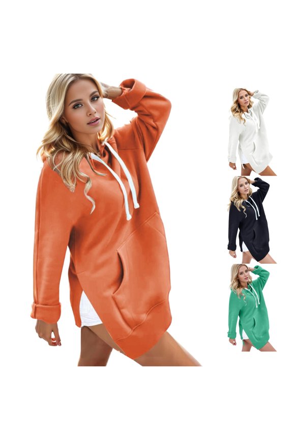 Womens Hooded Sweatshirts Pullover Women's Autumn Long Sleeve Side Opening Solid Extended Pocket Hooded Guard Dress, Size M