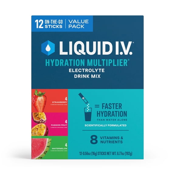 Liquid I.V. Strawberry, Passion Fruit, and Watermelon Hydration Multiplier Powdered Electrolyte Drink Mix, 12 Count Packets