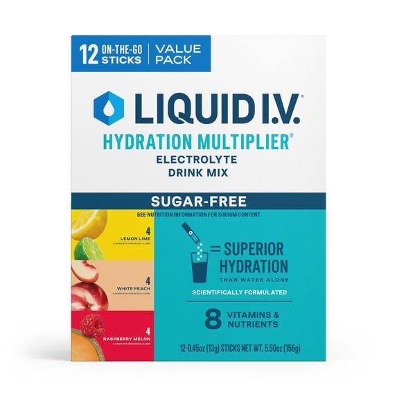 Liquid I.V.® Lemon Lime, White Peach, and Raspberry Melon Hydration Multiplier® Sugar-Free Electrolyte Powder Drink Mix, 12 Count Packets