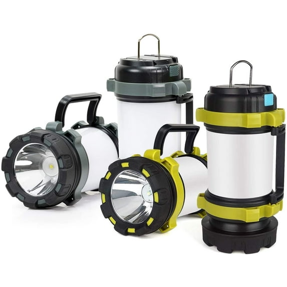 LIVABIT Rechargeable LED Camping Lantern with 6 Modes, High Brightness | 3000mAh Power Bank Light for Hiking | Waterproof Electric Lantern Flashlight Combo - 2PK (GREY/LIME)