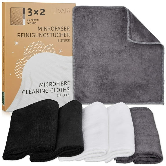 LIVAIA Microfiber Cleaning Cloth, Household Cleaning Cloth, White, Grey and Black, 6-Pack