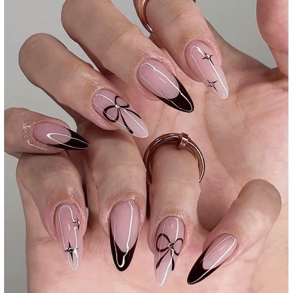 LIVARA 24Pcs Black French Tip Butterfly Short Almond Press On Nails, Nude Reusable Fake Nail Kit for Gothic Sweet Daily Manicure