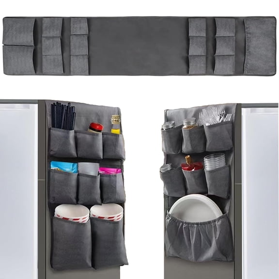 LIVARA Mini Fridge Organizer with 15 Pockets, Over the Fridge Storage Organizer for Dorm Durable Mini Fridge Caddy Hanging Organizer for Pantry, Plate, Silverware, Spice, Gray