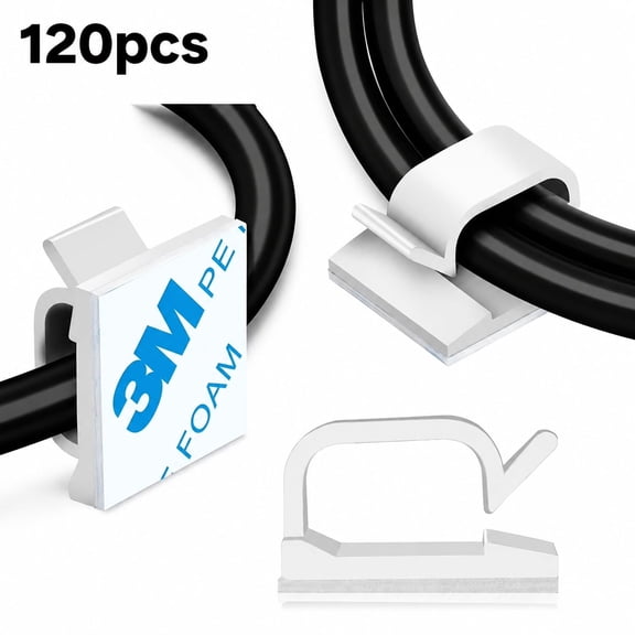 LIVARA Rongsi 120 Pcs Adhesive Cable Wire Clips, Cable Staples Outdoor Cable Management Wire Organizer Cord Holder for Under Desk, Car, Wall, TV PC Ethernet Cable, White