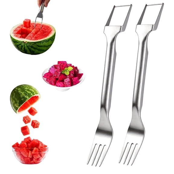 LIVARA 2 Count 2-in-1 Stainless Steel Watermelon Cutter Fork, Dual Purpose Fruit Slicer and Eating Fork for Melon, Dragon Fruit & Summer Fruits