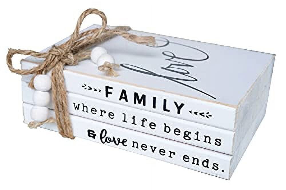 LIVDUCOT Wooden Decorative Books Stack for Coffee Table Faux Book Stack for Decoration Love Family Where Life Begins Modern Farmhouse Decor White