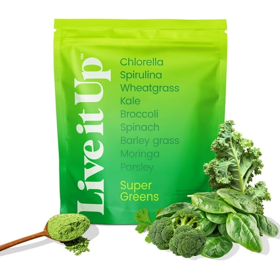 LIVE IT UP Super Greens Powder | All-Natural Plant-Based Superfood Blend with Probiotics & Digestive Enzymes | Supports Gut Health, Immunity, Energy, and Daily Wellness | No Added Sugar - 30 Servings