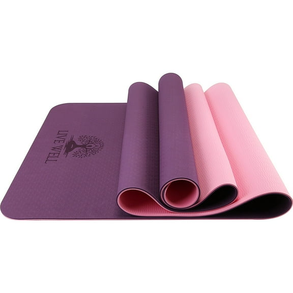 LIVE WELL Dual Color TPE Yoga Mat - Purple/Pink, 6X2ft 6mm Thick