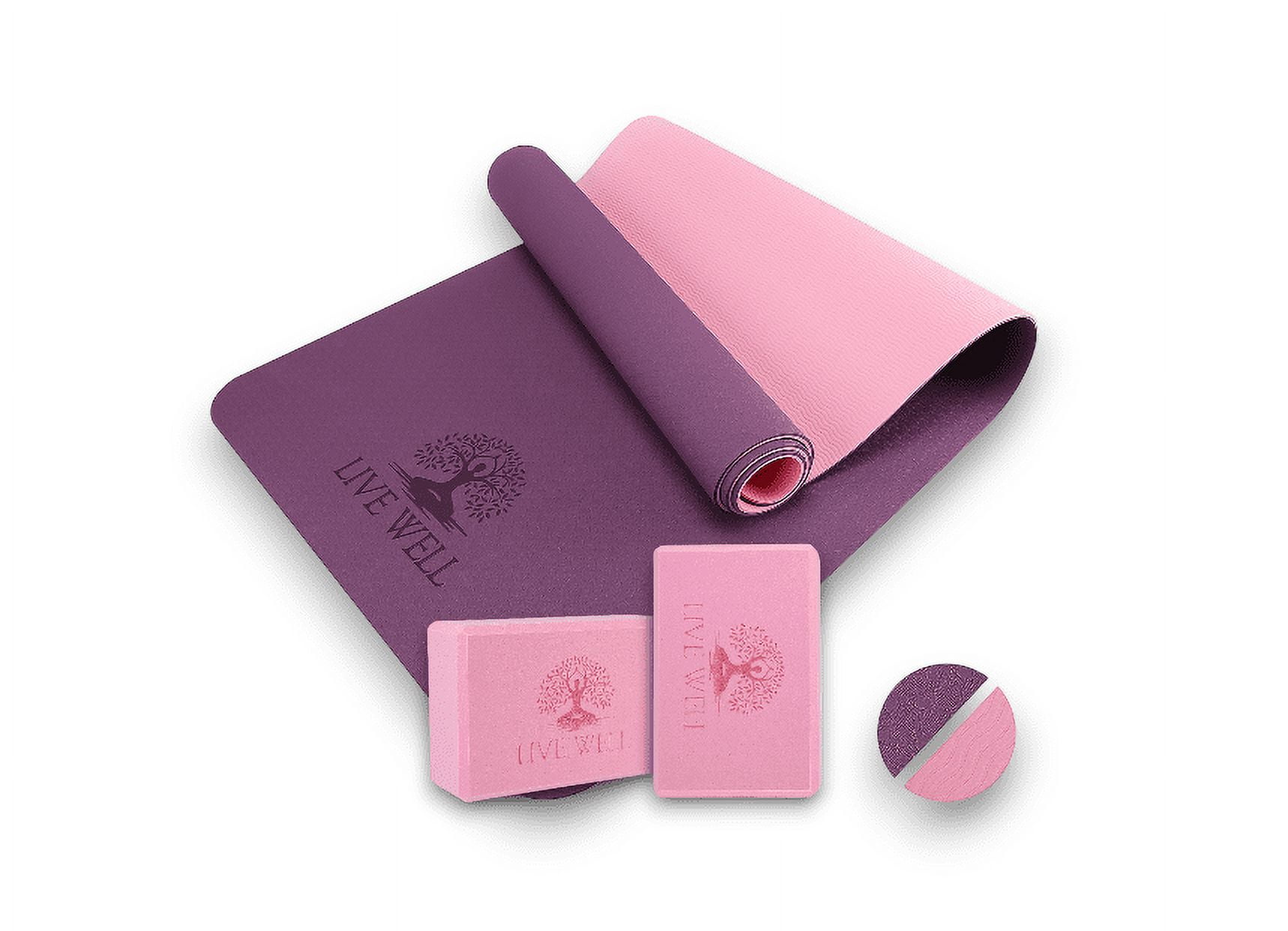 LIVE WELL Yoga Starter Kit- TPE Dual Color Yoga Mat with 2-Pack of Pink EVA Yoga Blocks