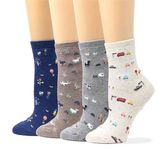 LIVEBEAR Women's 4/5 pack Cute Icons Small Print Funny Novelty Crew Socks Made In Korea