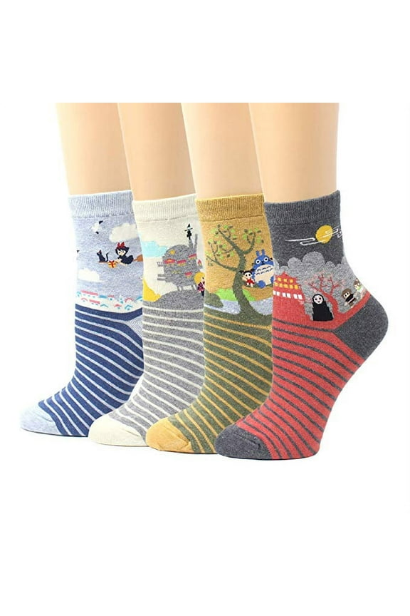 Women's 4/5 pack Cute Japanese Animation Large Print Funny Novelty Crew Socks Made In Korea