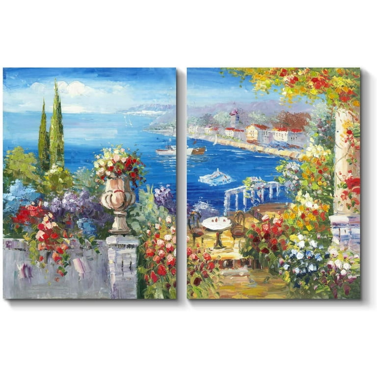 LIVEDITOR Abstract Coastal Town Seaside Villa Artwork Painting Hand Painted  on Canvas for Bedroom (24'' x 18'' x 2 Panels) 