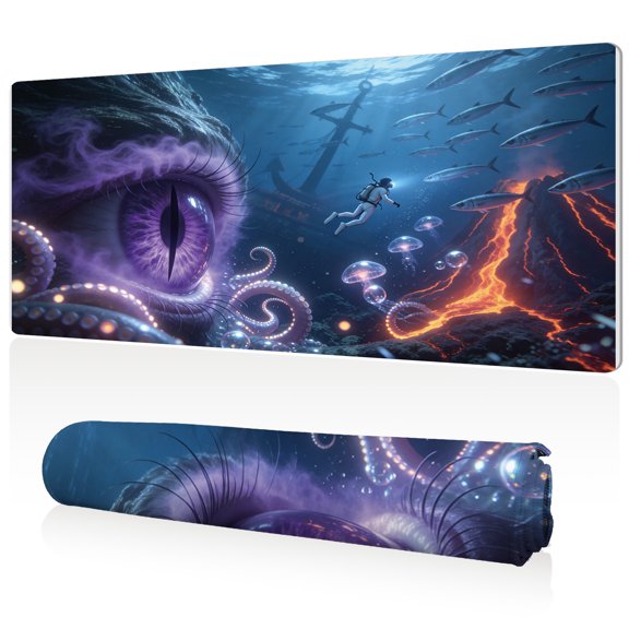 LIVEKEY Abyssal Eye Mouse Pad 80x40x0.3cm Deep Sea Diver and Volcano Design Full Desk Coverage Non Slip Durable Easy Clean Stitched Edges for Gaming and Office