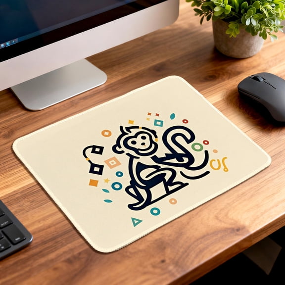 LIVEKEY Anti Slip Mouse Pad with Sewn Edge Playful Monkey Geometric Design 26x21cm for Gaming and Office Use