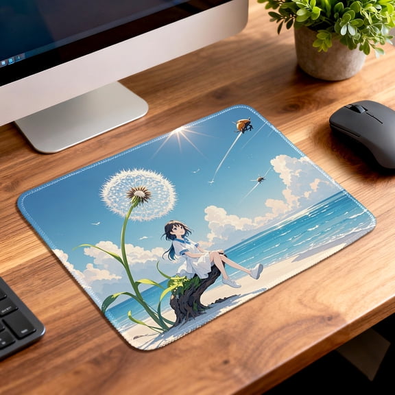LIVEKEY Anti Slip Stitched Edge Mouse Pad Anime Girl Sitting on Stump with Dandelion 26x21cm for Gaming and Office